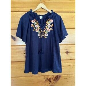 Keep in Touch Floral Embroidered Bell Sleeve Tie Ruffle Neck Top Womens Sz M